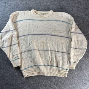 Vintage‎ The Fox Collection Sweater Mens XLT White Geometric Crewneck USA 90s